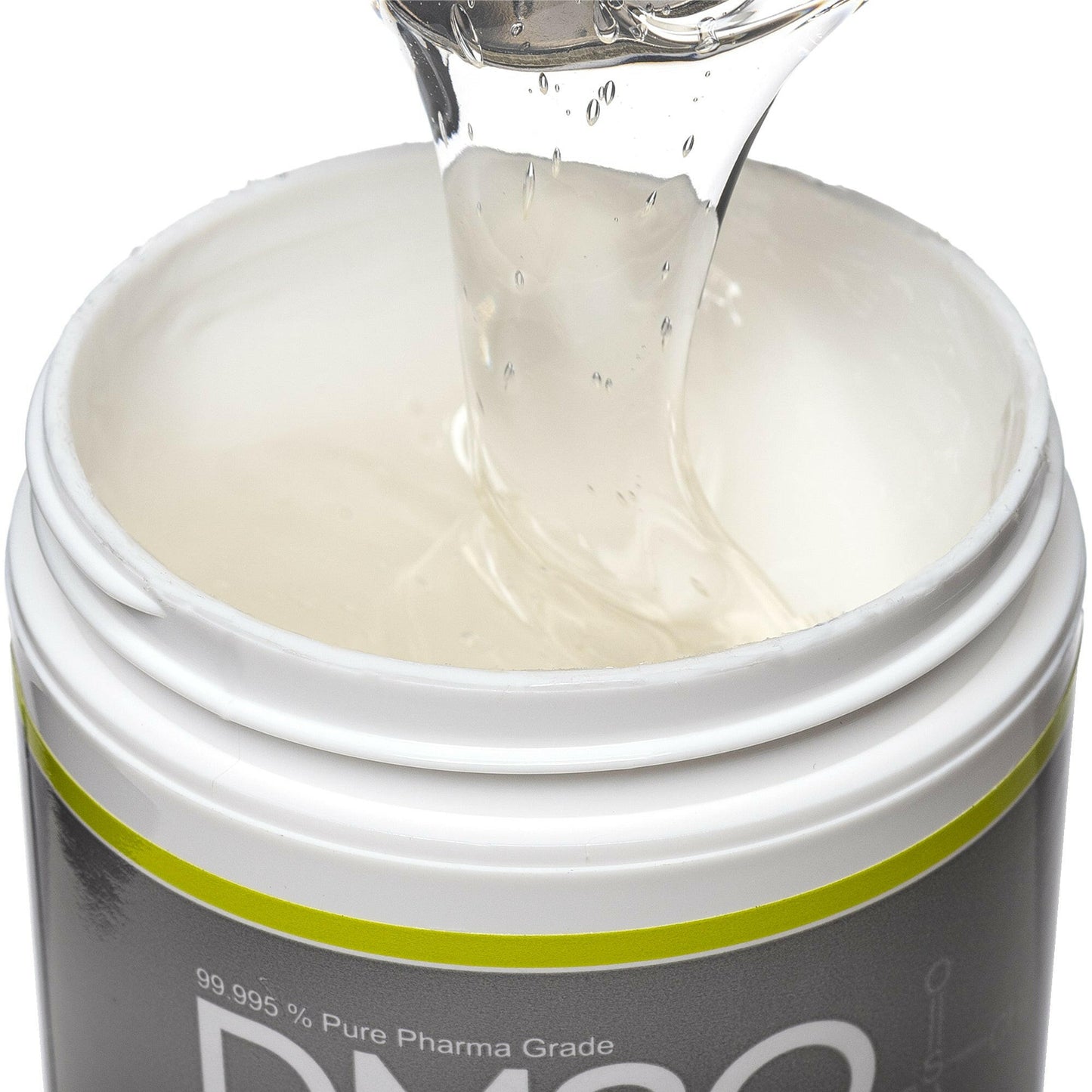 Opened view of the 4 oz medi gel jar. Contents revealed is the medi gel product. Product is being scooped upwards with a spoon to show consistency.