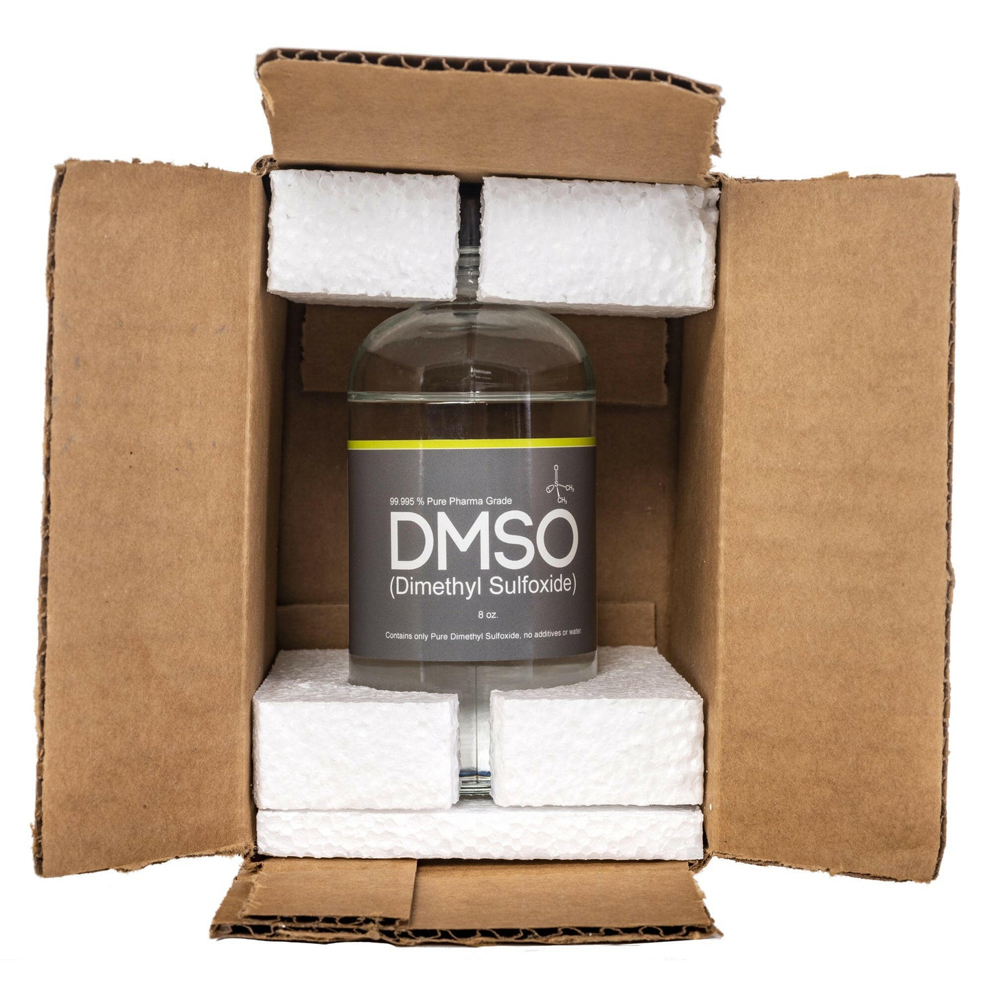 DMSO-liquid-99.995-8oz.-boxed-1-buy-pharma-dimethyl-sulfoxide. Brown cardboard box laid on the side to have a view of the inside of the box. Box contains one 8 oz DMSO glass bottles. Bottles have Styrofoam on top and bottom of bottles protecting them. Image displayed is used to show packaging of the product.