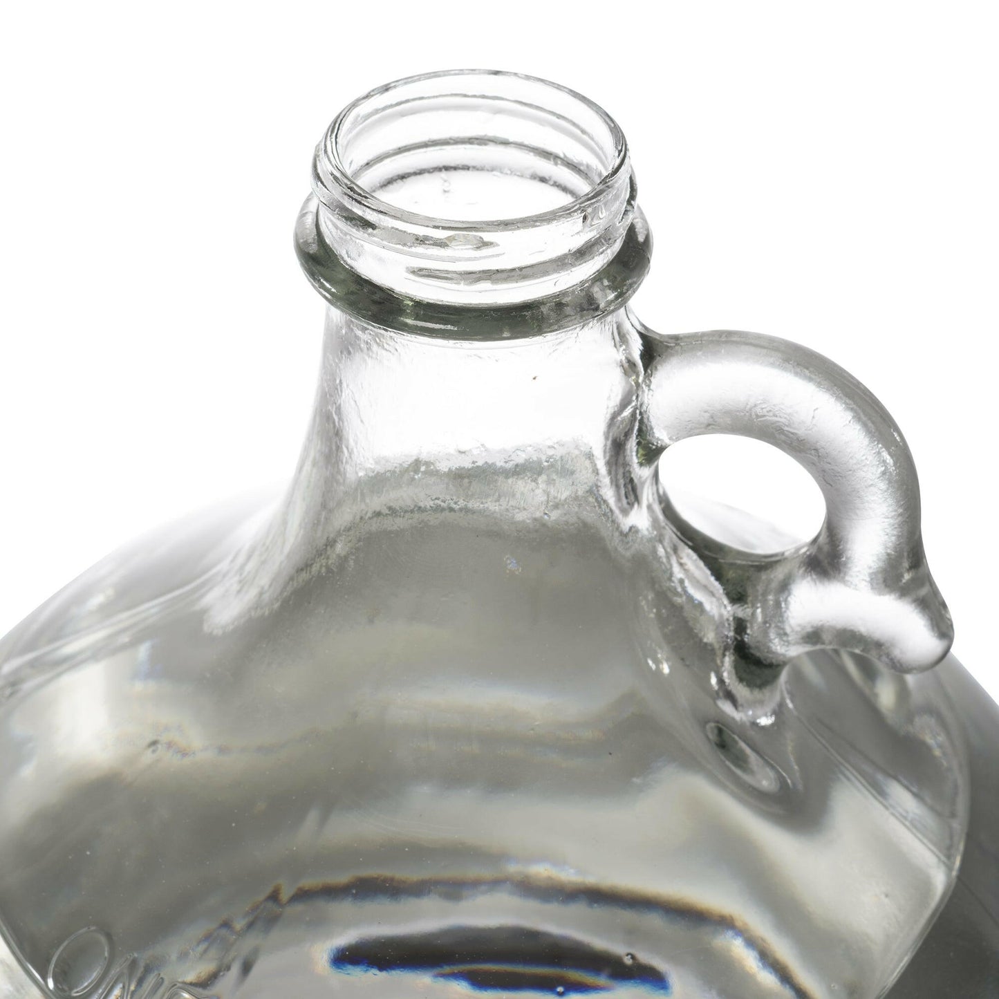 one gallon glass jugs with handle. Close up of the opening of the glass jug without the cap attached to it.