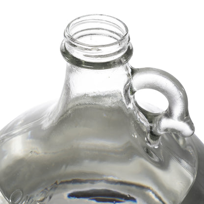 one gallon glass jugs with handle. Close up of the opening of the glass jug without the cap attached to it. 