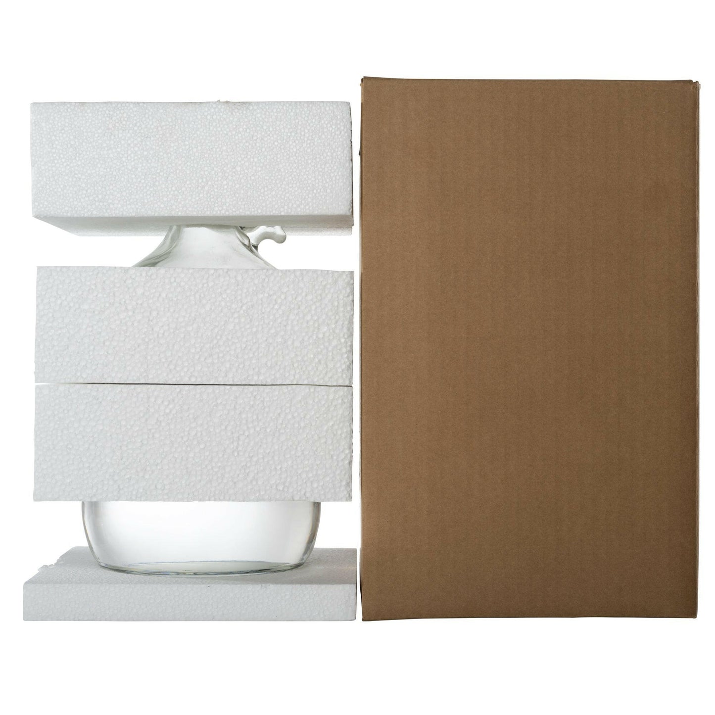 brown box displayed upright to show side view of box. Glass jug is visible outside of the box to show how packing inside the box would look. The jug has a foam insert on the bottom, two in the middle and one on top surrounding the cap.