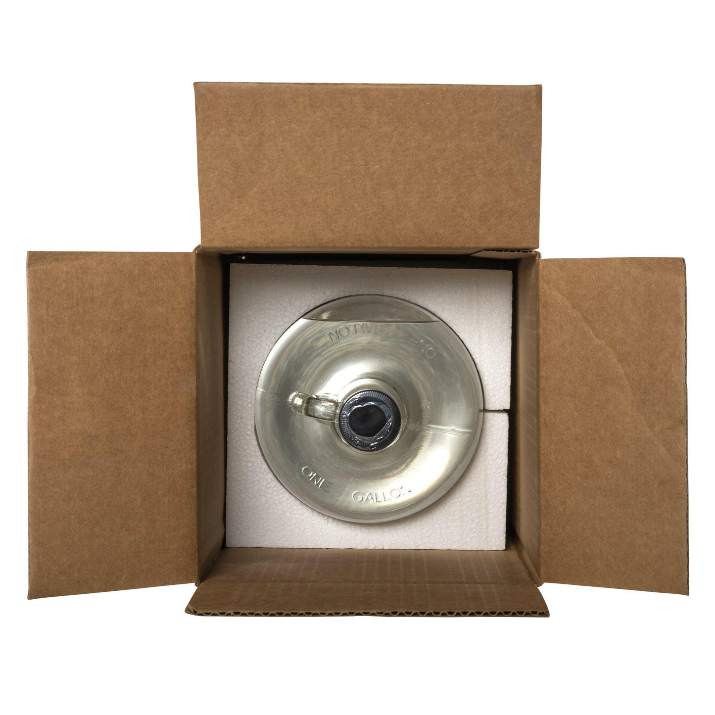brown box laid on it side with front open view visible. Top half of glass jug visible with foam insert surrounding it to show packaging. Flaps of box are opened to revel contents of the box.
