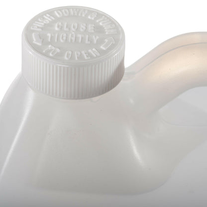 Plastic gallon jug with white twist on cap. Close up picture of cap.