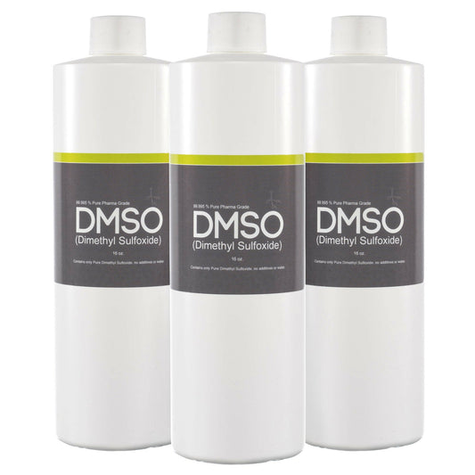 DMSO-liquid-99.995-pure-dimethyl-sulfoxide-non-diluted-best-natural-16oz-3-bottle. 3 cylindrical 16 oz bottles with white caps attached. Label reads DMSO Dimethyl sulfoxide.