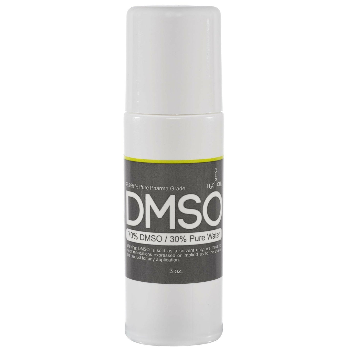 DMSO-roll-on-70-30-back-pain-3-oz-dimethyl-sulfoxide. Small white cylindrical bottle with cap screwed on. Label reads "DMSO 70% DMSO 30% Pure Water" 3 oz