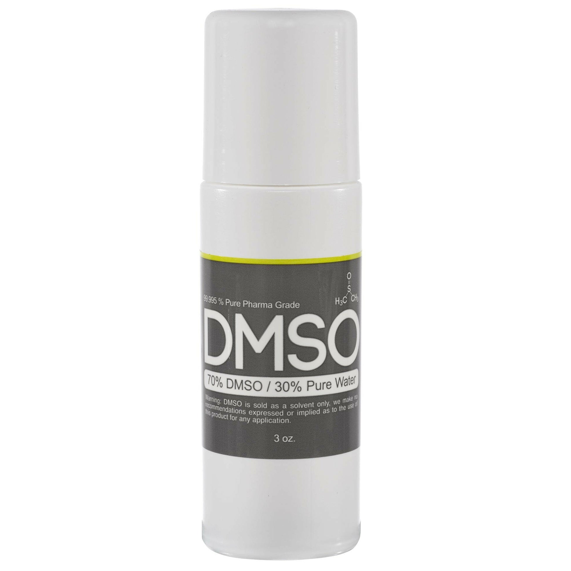 DMSO-roll-on-70-30-back-pain-3-oz-dimethyl-sulfoxide. Small white cylindrical bottle with cap screwed on. Label reads "DMSO 70% DMSO 30% Pure Water" 3 oz
