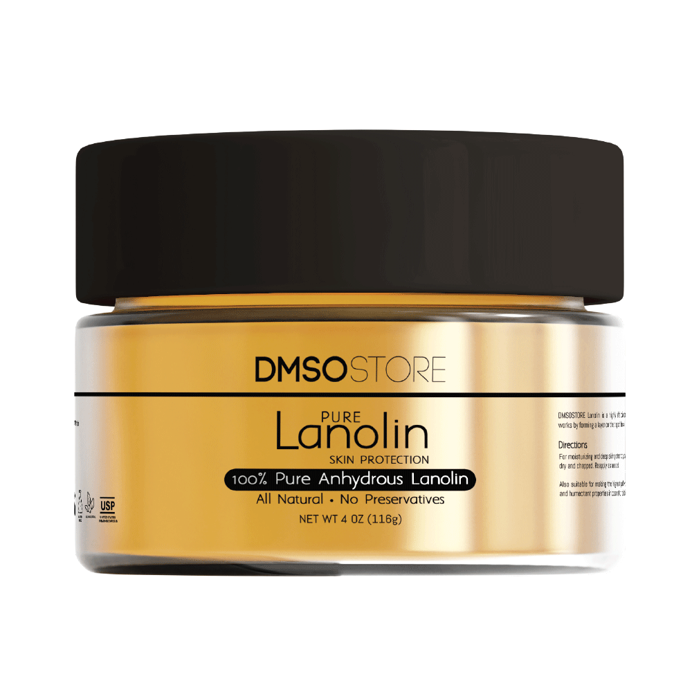 4 oz Jar of lanolin packaged in a clear jar with black lid. Label reads: DMSOStore Pure lanolin skin protection. 100% pure Anhydrous Lanolin. All natural no preservatives. Perfect for lanolin lotions