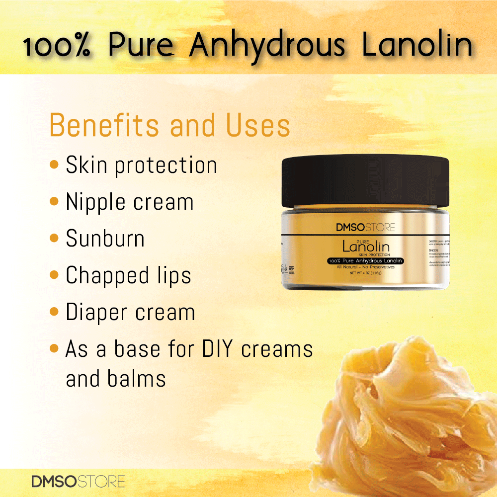 Lanolin-creative-benefits-uses-skin-protection-nipple-cream-sunburn-chapped-lips-diaper-cream-DIY-balms Informational card. Card reads: 100% Pure Anhydrous Lanolin. Benefits and uses: skin protection, nipple cream, sunburn, chapped lips, diaper cream, as a base for DIY creams and balms.