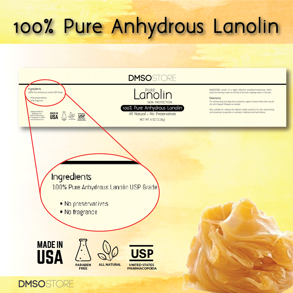 Informational card. Card reads: 100% Pure Anhydrous Lanolin. Ingredients: 100% Pure Anhydrous lanolin USP grade. No preservative, no fragrance. Made in USA. Paraben free. All natural. USP United States Pharmacopoeia.