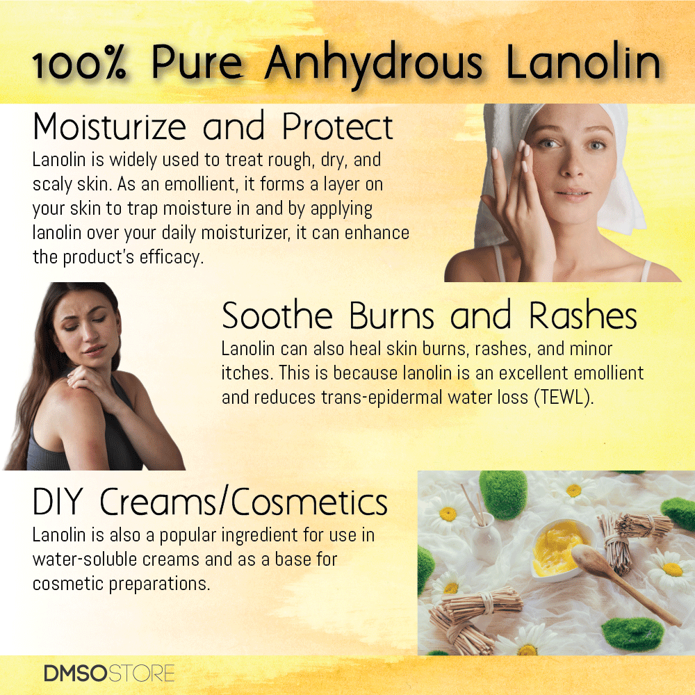 Lanolin Moisturiser. Moisturize and protect. Lanolin is widely used to treat rough, dry and scaly skin. As an emollient, it forms a layer on your skin to trap moisture, it can enhance the products efficacy. Soothe burns and rashes. Lanolin can also heal skin burns, rashes, and minor itches. This is because lanolin is an excellent emollient and reduces trans-epidural eater loss. DIY creams/cosmetics. Lanolin is also a popular ingredient for use in water-soluble creams and as a base for cosmetic preparations.