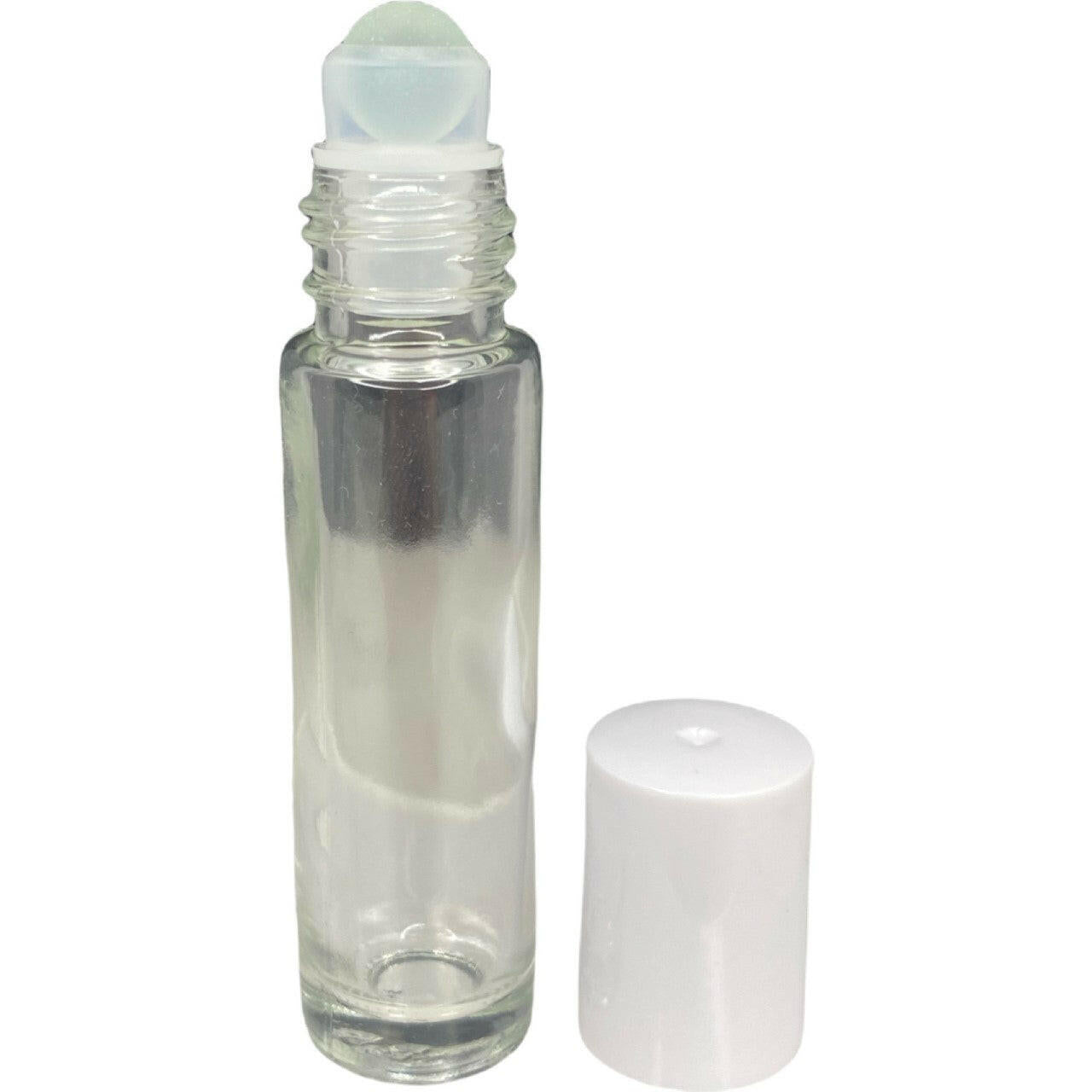 refillable 1.3 OZ glass roll-on kit with cylindrical glass bottle and glass ball attached. Contains plastic twist on cap to close.