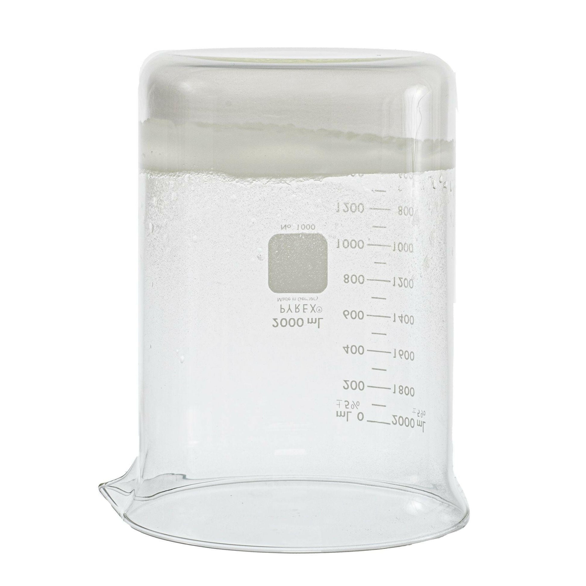 upside-down 2000 milliliter glass beaker. Beaker contains the sodium polyacrylate product after water was poured into it. The product is sticking to the bottom of beaker. Picture is used to display consistency of product after water contact.