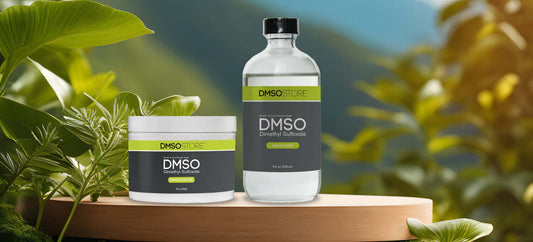 DMSO (Dimethyl Sulfoxide) Liquid in Bottle and Gel in Jar displayed on a table with lush green foliage in the background, promoting a natural health product line.