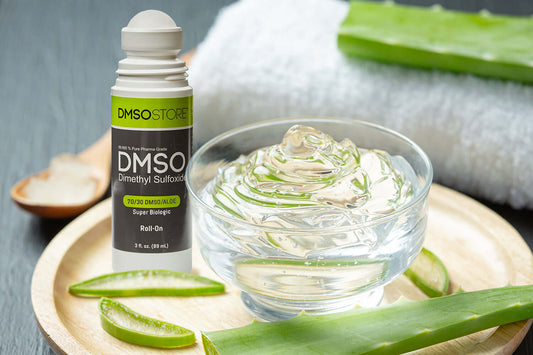 Glass bowl with aloe vera gel mixed with dimethyl slfoxiede, bottle of DMSO, sliced aloe leaves. 