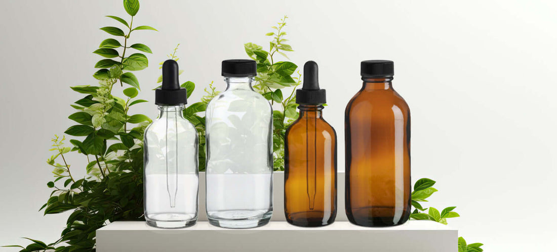 2 Flint Glass Bottles, 1 with dropper 1 with regular cap. and 2 Amber Glass bottles, 1 with dropper 1 with regular cap