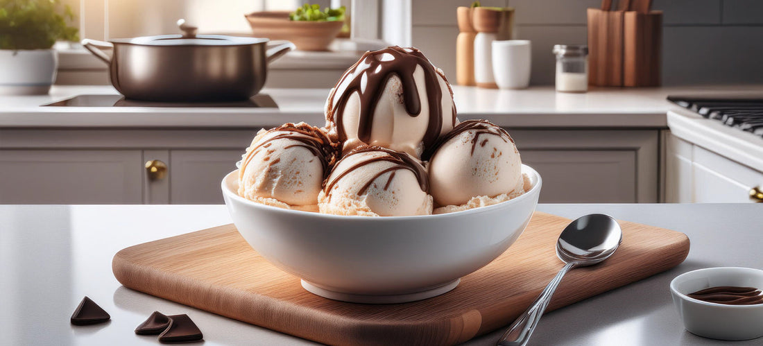 Bowl of Ice-cream with chocolate drizzle made with gluten free xanthan gum