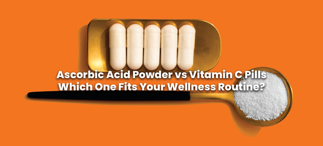 Ascorbic Acid powder in a gold spoon beside Vitamin C capsules, illustrating the comparison between powder and pill supplements.