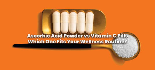 Ascorbic Acid powder in a gold spoon beside Vitamin C capsules, illustrating the comparison between powder and pill supplements.