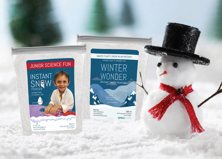 Junior Science Fun and Winter Wonder Instant Snow powders in holiday décor scene with fake snow and snowman
