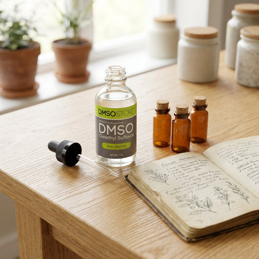 DMSO bottle on a wooden table with a notebook and small bottles.
Small and portable with convenient dropper.
Joint and muscle support.
DMSO Store. 