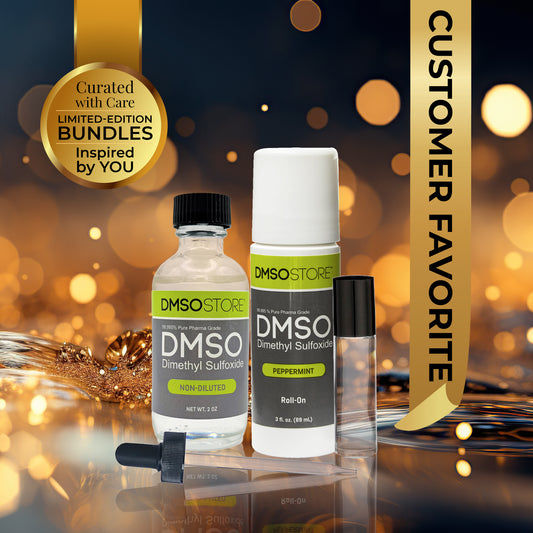 The DMSO Starter kit with DMSO Non-Diluted Liquid, DMSO Peppermint Roll-On, 10 ml Black Roll-On, and Dropper