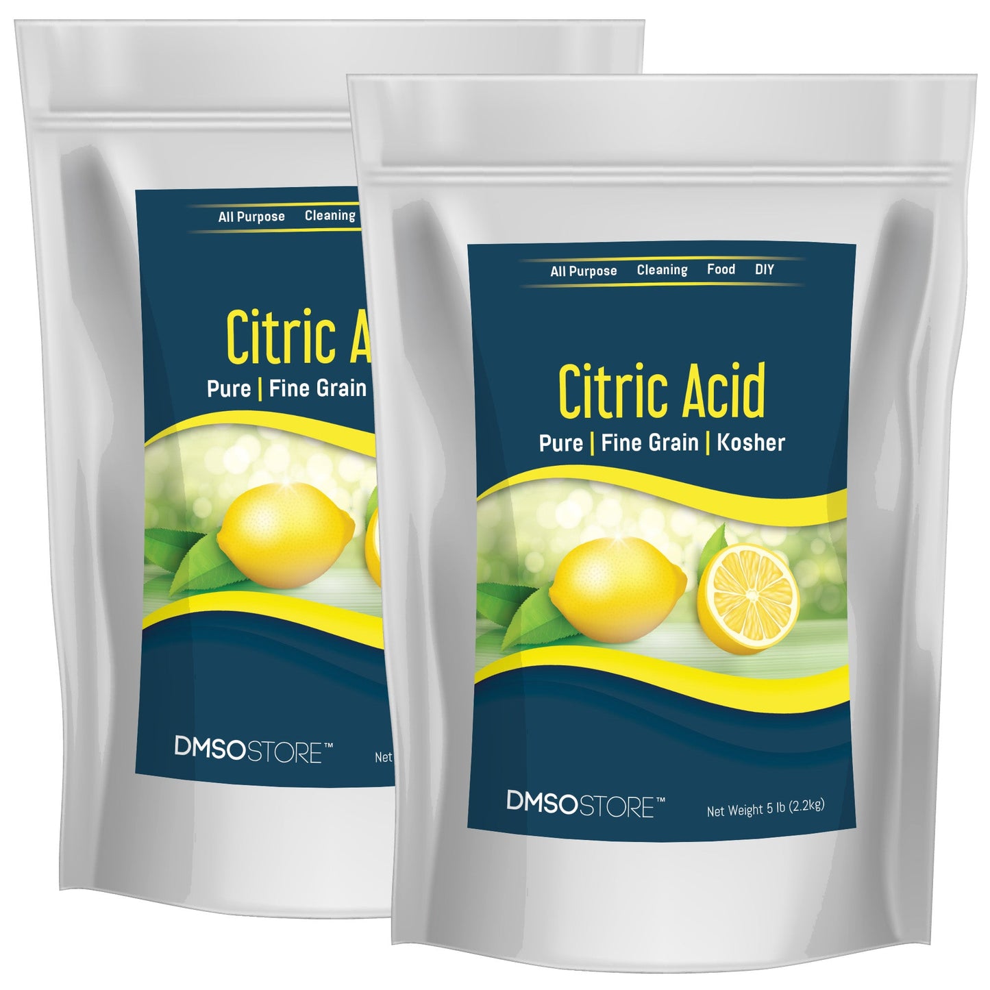 Two packages of pure, fine grain, kosher citric acid powder suitable for multiple purposes including cleaning, food preparation, and DIY projects, featuring an image of fresh lemons and the net weight of 10 lb.