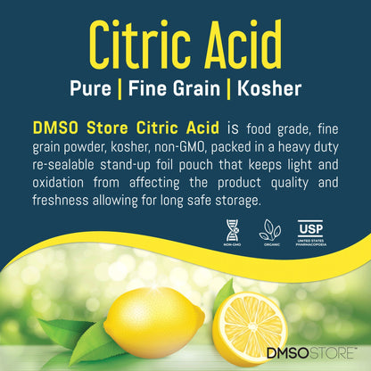 Detailed info of DMSO Store's high-purity citric acid, non-GMO and organic, in a resealable foil pouch for freshness.