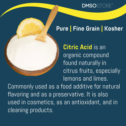 Packaging of DMSO Store's Citric Acid, pure fine grain kosher, highlighting quality for culinary and household use.