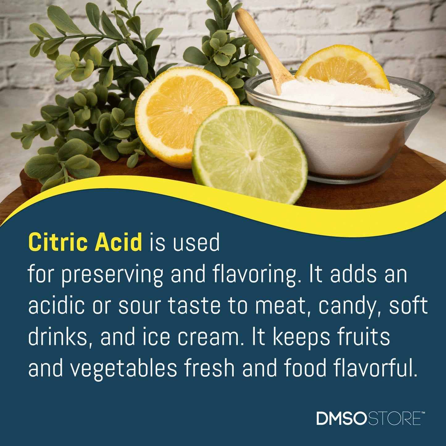 Bowl of citric acid with lemon and lime emphasizing its use in food preservation and flavoring. A DMSO Store product