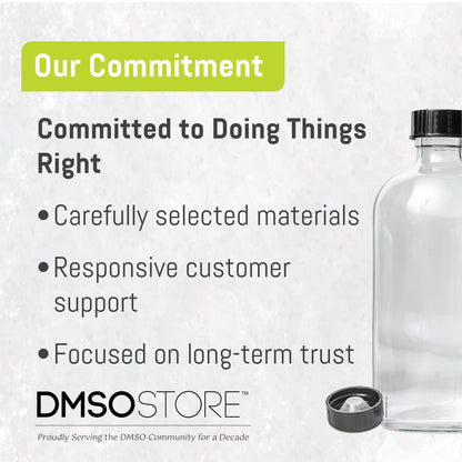 Clear bottle with black cap on a white background, featuring text about DMSO Store's commitment.