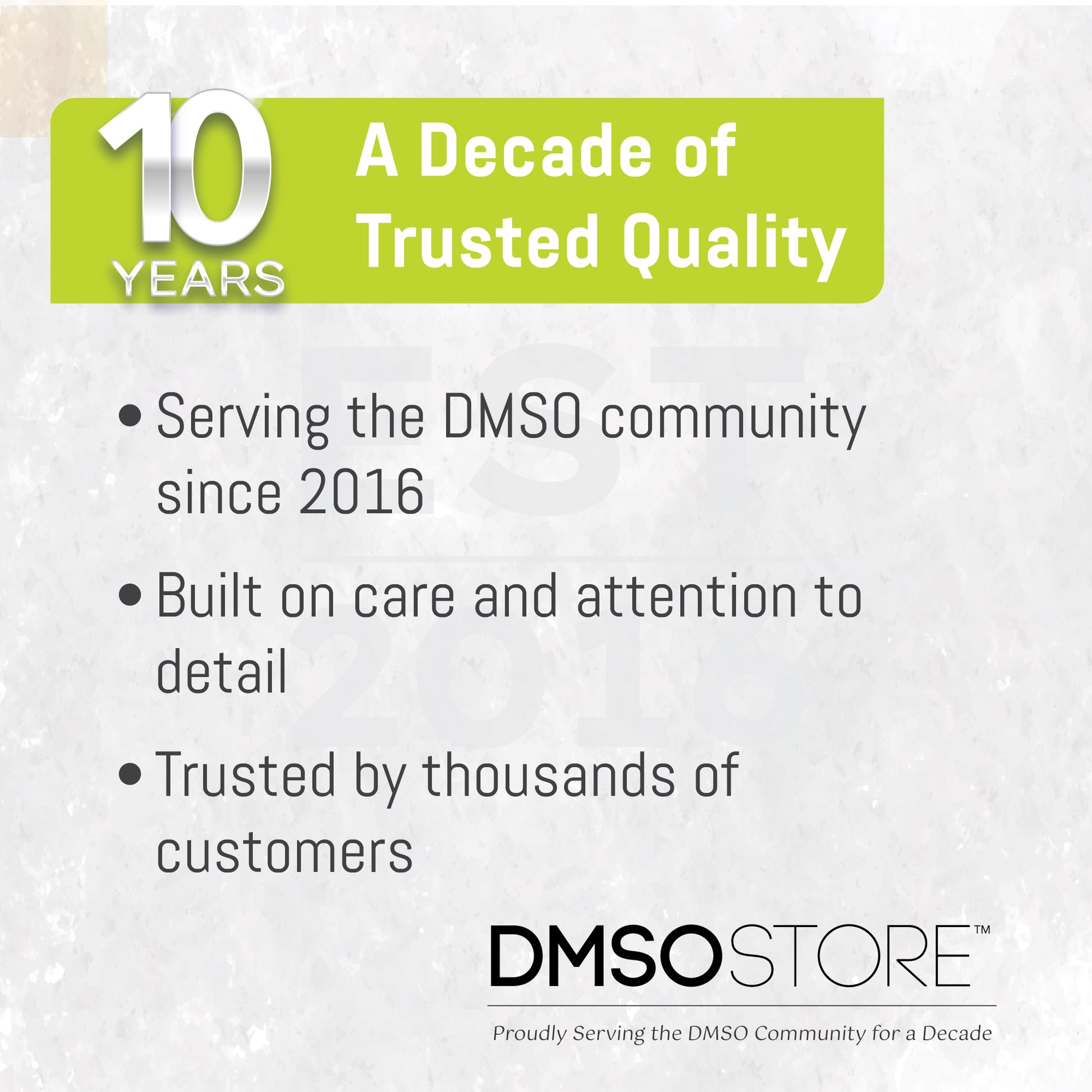 DMSO Store advertisement celebrating 10 years of trusted quality in serving the DMSO community.