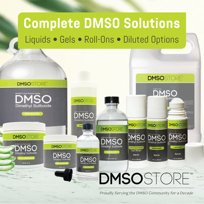 DMSO products from DMSO Store with various containers on a white background.
DMSO Family of items sold. 
joint and muscle support.
DMSO Store 