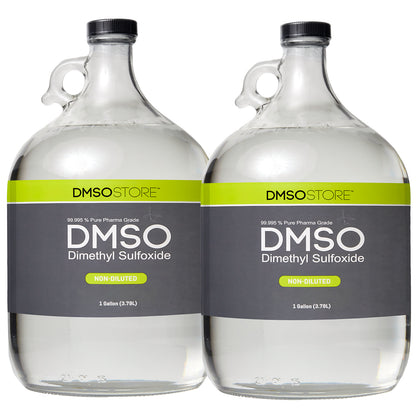 DMSO-liquid-99.995-two-gallon-glass-jugs-buy-organic-non-diluted-dimethyl-sulfoxide. 2 one gallon glass jugs with handle. Black twist on cap attached to each jug. Label reads 99.995% Pure pharma Grade DMSO (Dimethyl Sulfoxide) 1 Gallon.
