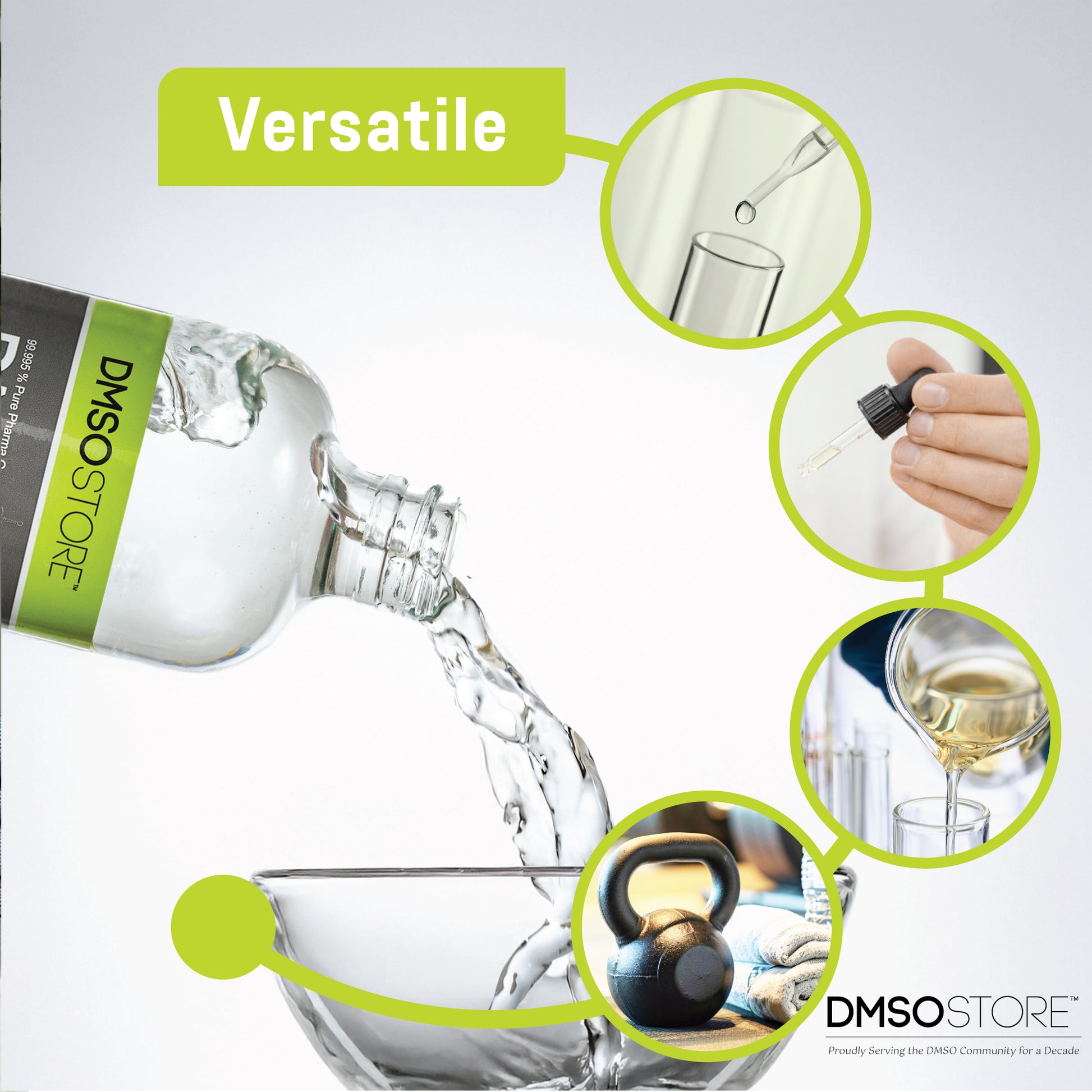 DMSO bottle being poured, with images of its uses and 'Versatile' text on a white background.
Joint and muscle support