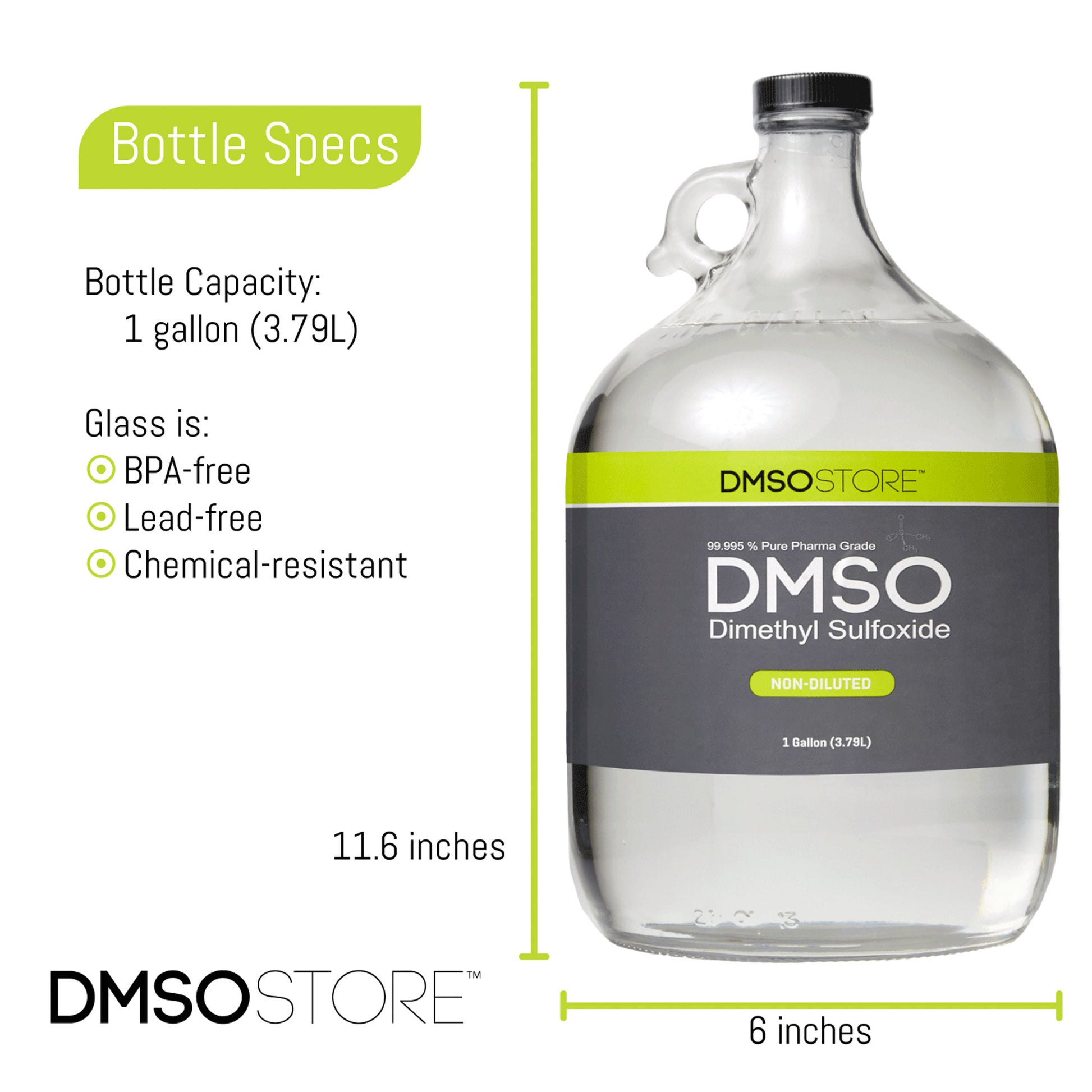 one gallon glass jug with handle. Black twist on cap attached to jug. Label reads 99.995% Pure pharma Grade DMSO (Dimethyl Sulfoxide) 1 Gallon. Specs