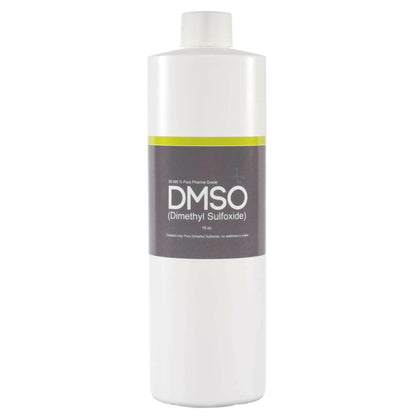 DMSO-liquid-99.995-pure-dimethyl-sulfoxide-natural-buy-pain-16oz. cylindrical 16 oz bottles with white caps attached. Label reads DMSO Dimethyl sulfoxide.