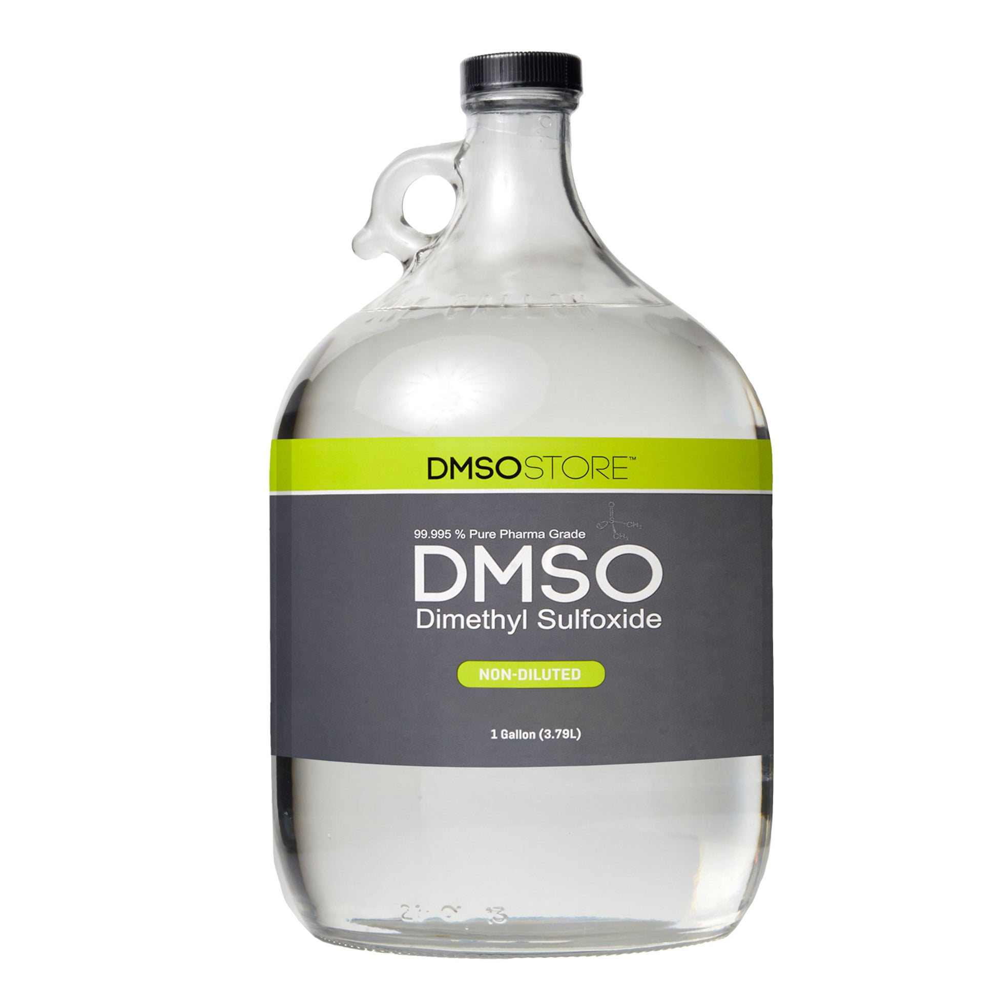 one gallon glass jug with handle. Black twist on cap attached to jug. Label reads 99.995% Pure pharma Grade DMSO (Dimethyl Sulfoxide) 1 Gallon.