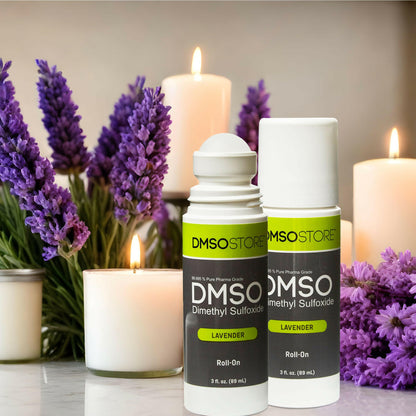 Serene scene with lavender DMSO 3 oz roll on, next to a lit candle