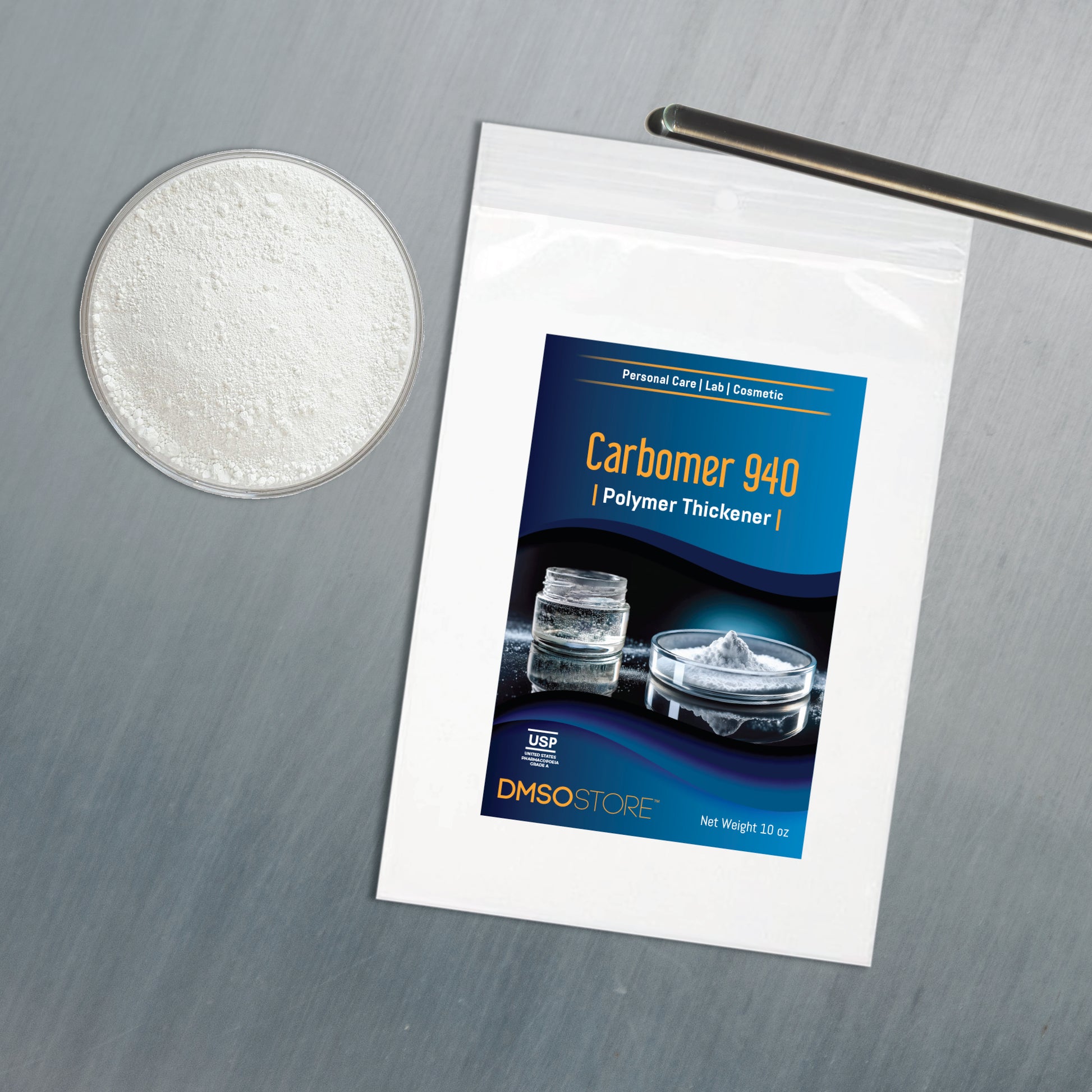 Carbomer 940 packaging with a sample on a gray surface. DMSO Store 