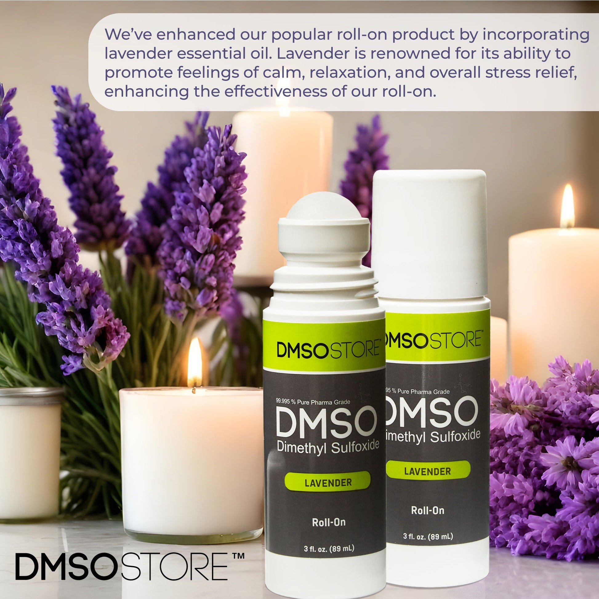 Lavender DMSO Roll-On for Relaxation and Stress Relief with Fresh Flowers and Candle