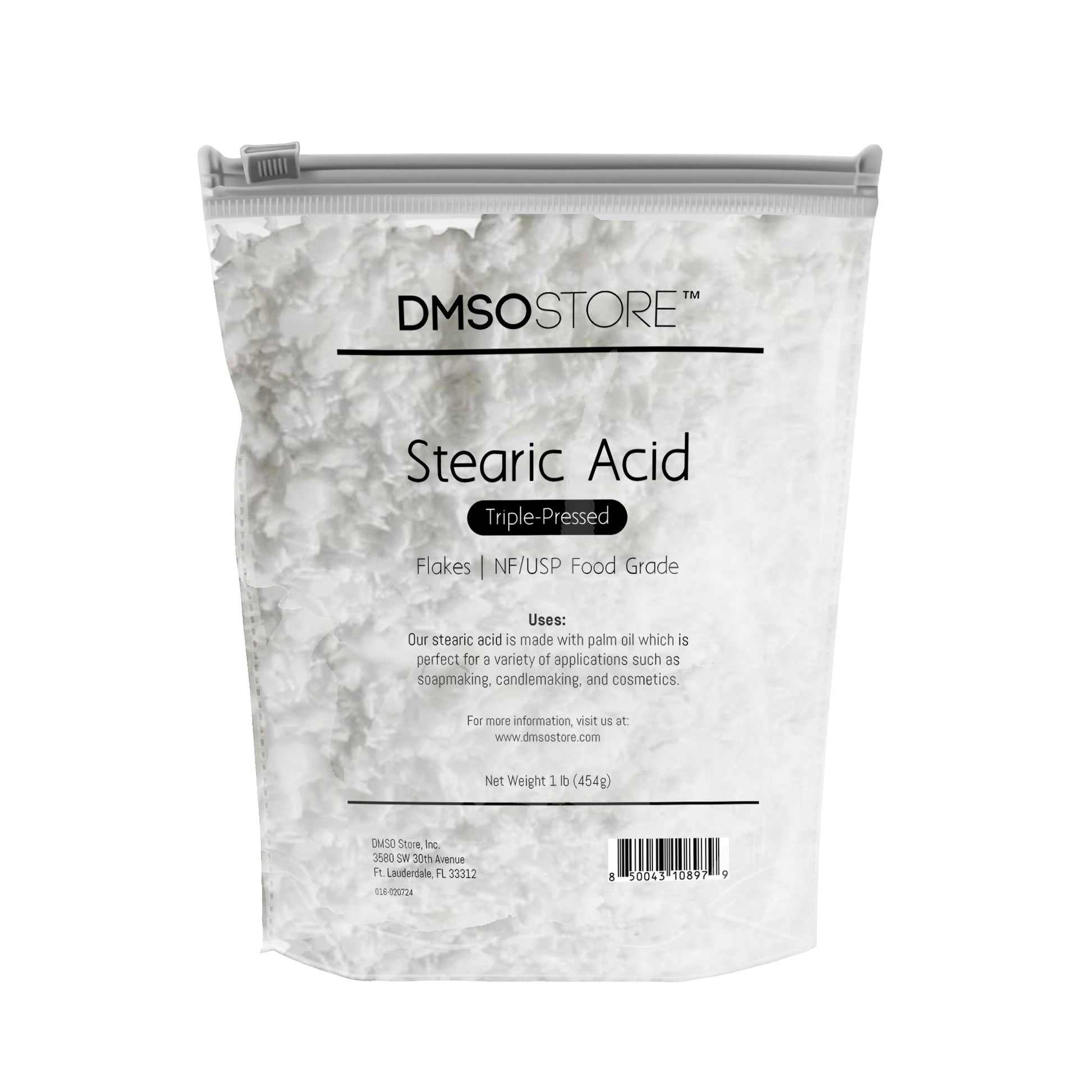1 lb. DMSO Store brand Stearic Acid flakes, triple-pressed and NF/USP food grade, for soap making, candle making, and cosmetics.