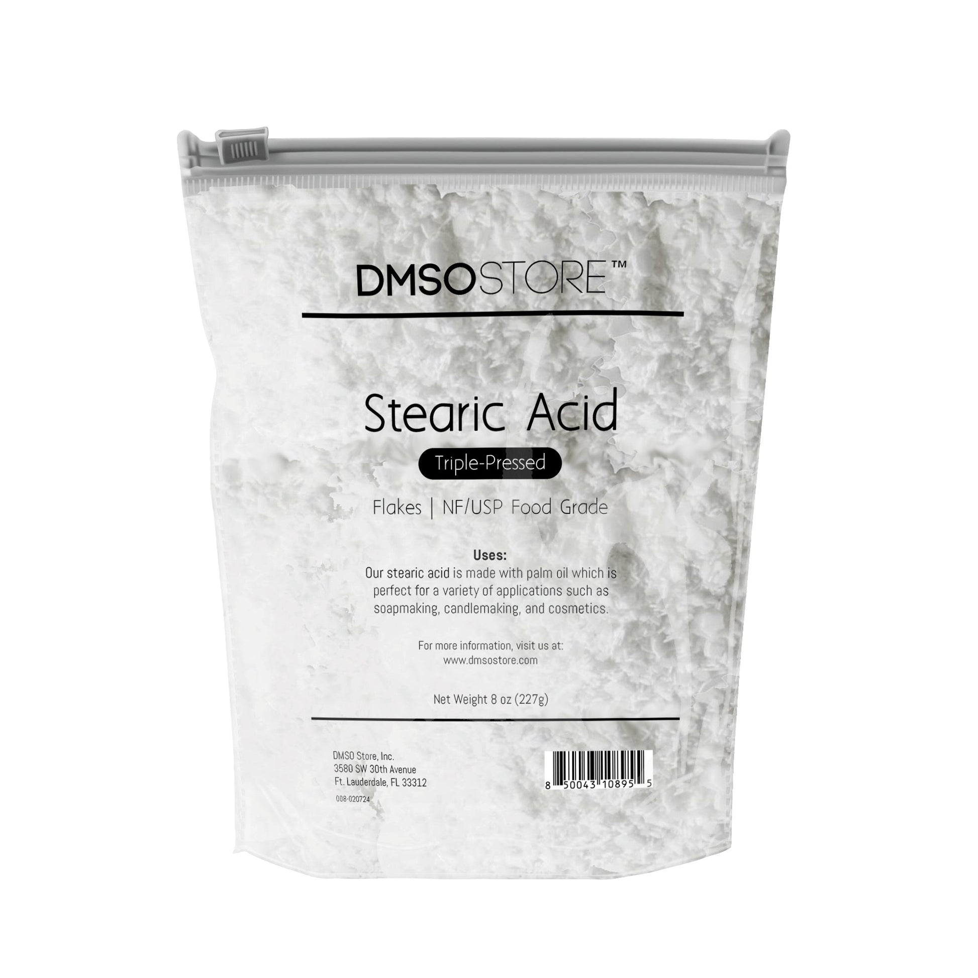 8 oz. DMSO Store brand Stearic Acid flakes, triple-pressed and NF/USP food grade, for soap making, candle making, and cosmetics. 
