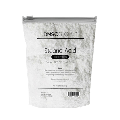 8 oz. DMSO Store brand Stearic Acid flakes, triple-pressed and NF/USP food grade, for soap making, candle making, and cosmetics. 