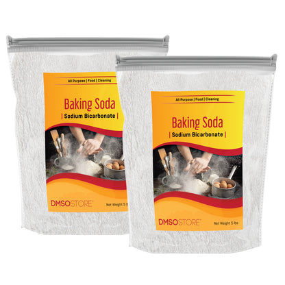 Bag of baking soda showing multiple uses for food, cleaning, labeled with sodium bicarbonate.