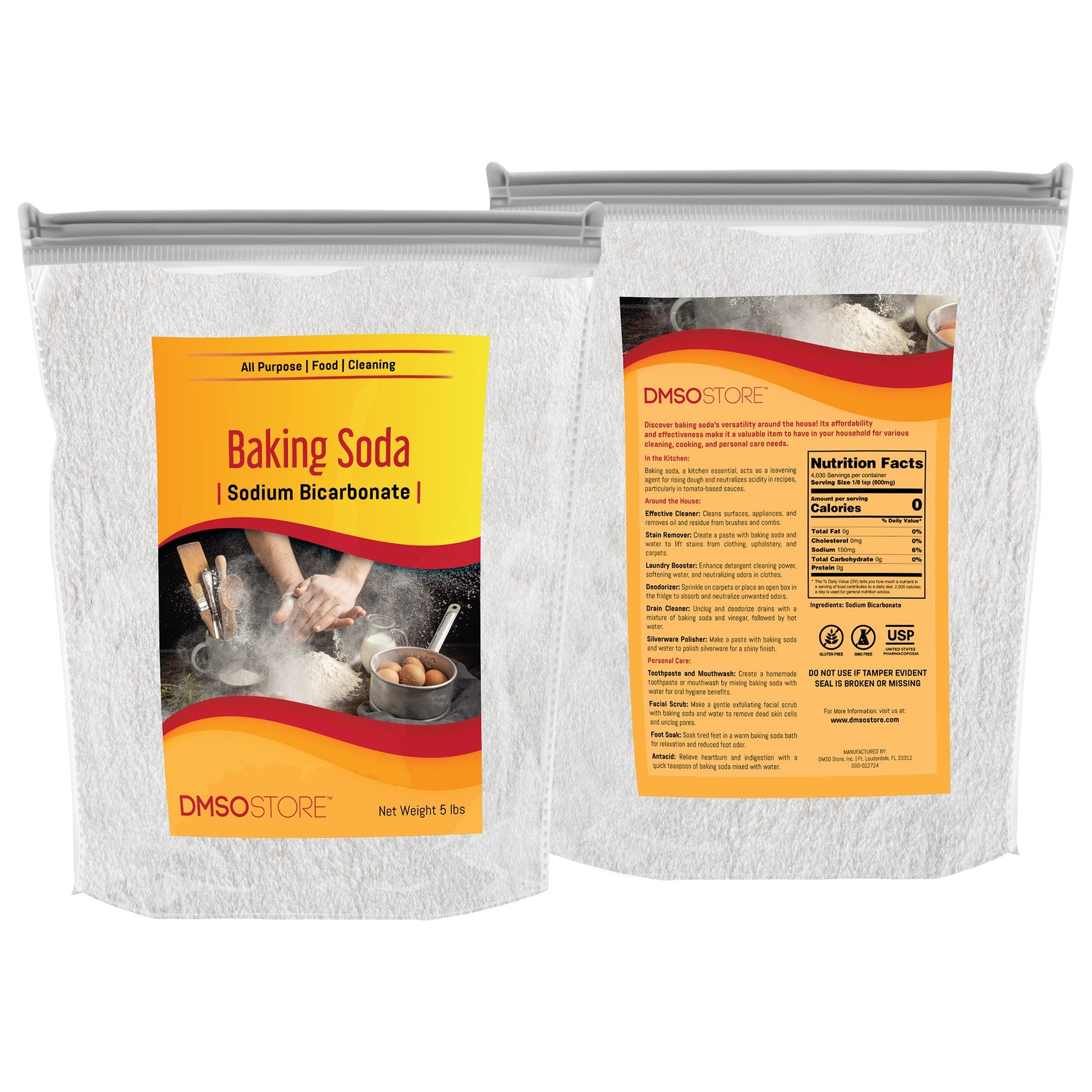 Bag of baking soda showing multiple uses for food, cleaning, labeled with sodium bicarbonate.