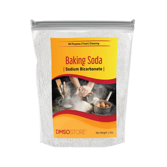 Bag of baking soda showing multiple uses for food, cleaning, labeled with sodium bicarbonate.