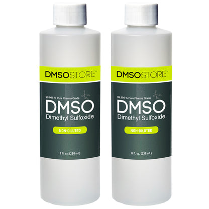 Two bottles of 99.995% pure pharmaceutical grade non-diluted DMSO (dimethyl sulfoxide) liquid, each containing 8 fl oz (236 ml), with white BPA Free plastic bottles and green, yellow and black labeling from DMSO Store brand.