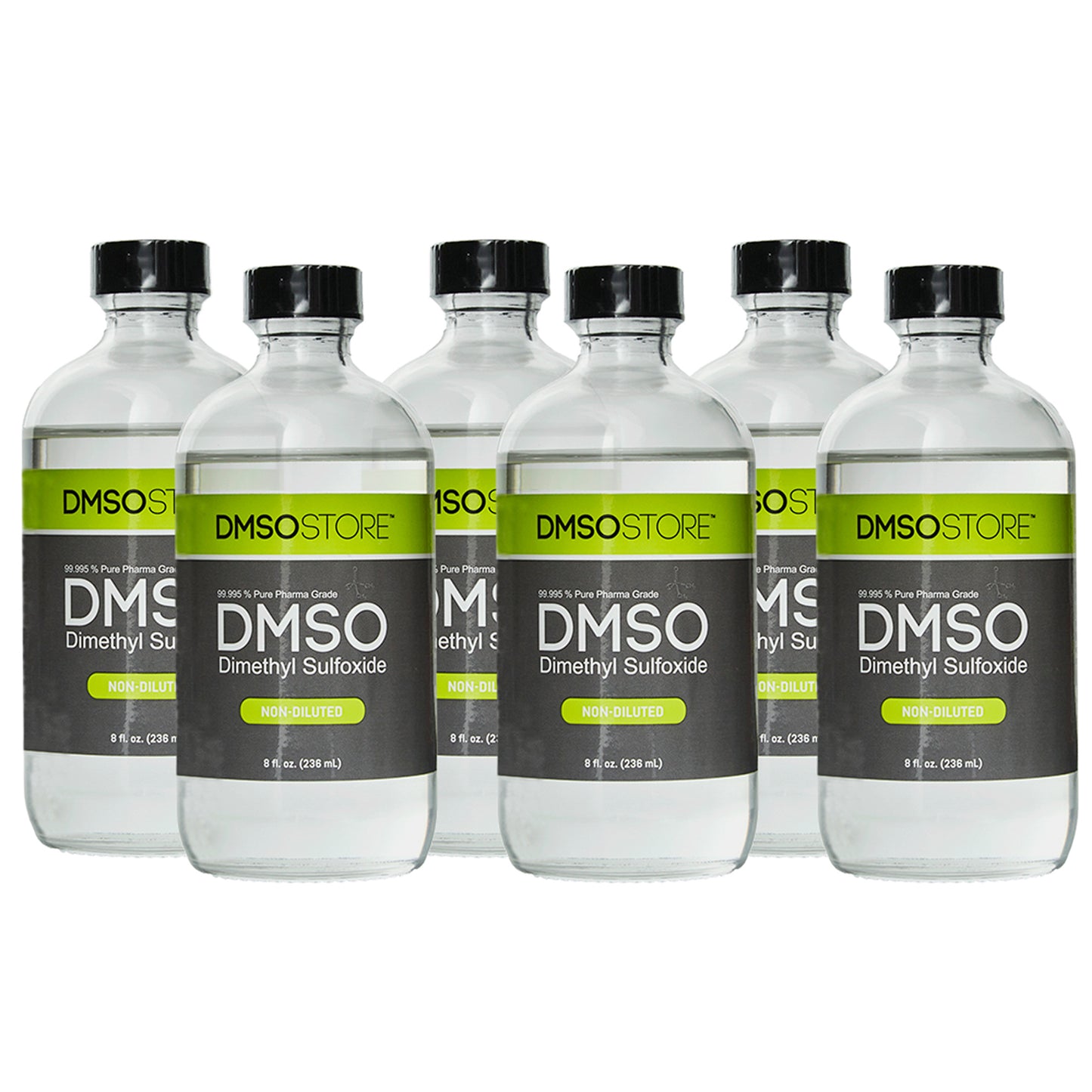 DMSO-liquid-99.995-8oz.-non-diluted-dimethyl-sulfoxide-organic-best-6-pack. 6 8 oz glass bottles with Black twist on cap attached to bottle. Label reads 99.995% Pure pharma Grade DMSO (Dimethyl Sulfoxide) 8oz.