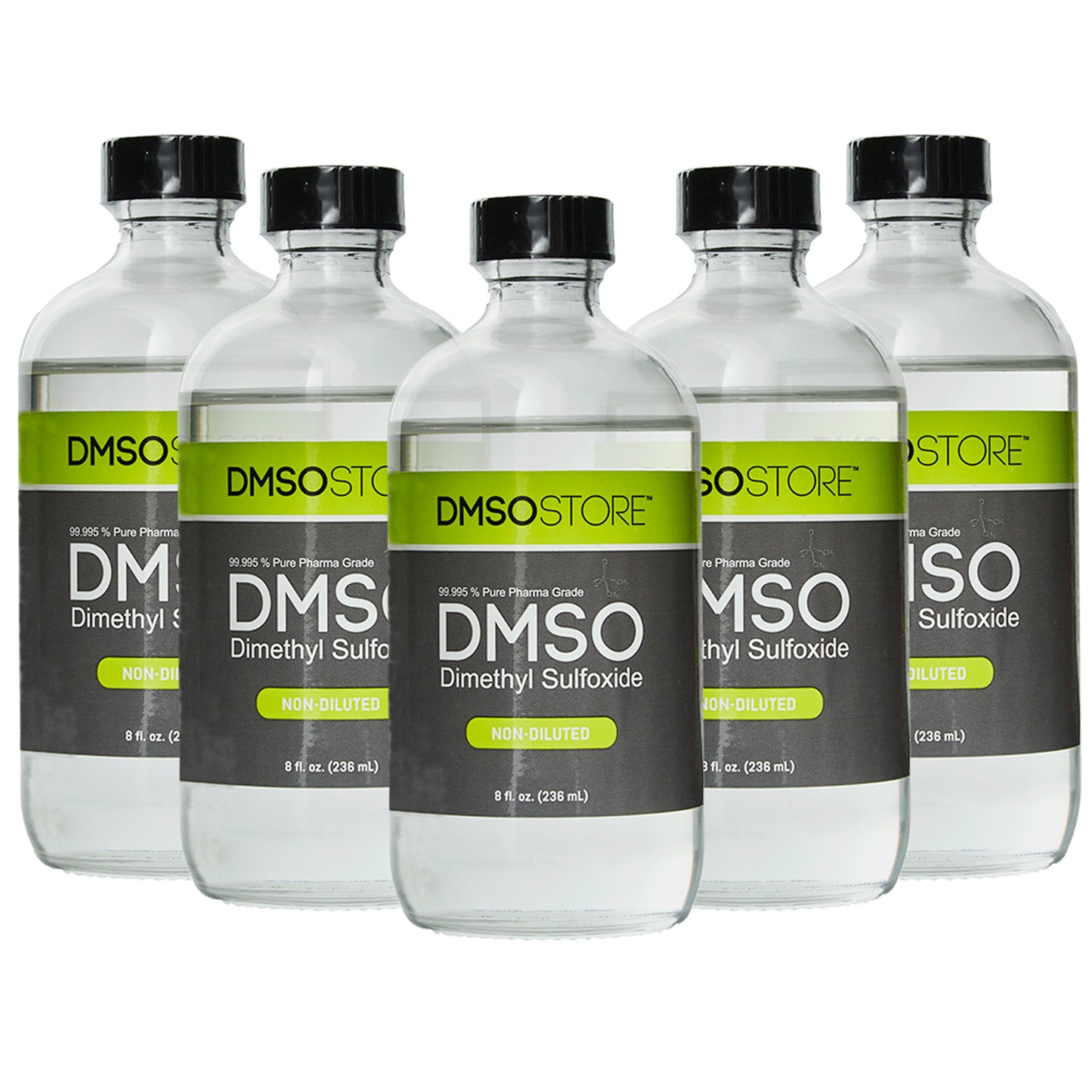 DMSO-liquid-99.995-8oz.-dropper-non-diluted-dimethyl-sulfoxide-natural-acne-buy-5-pack. 5 8 oz glass bottles with Black twist on cap attached to bottle. Label reads 99.995% Pure pharma Grade DMSO (Dimethyl Sulfoxide) 8oz.