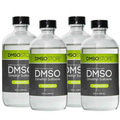 DMSO-liquid-99.995-8oz.-non-diluted-dimethyl-sulfoxide-buy-best-4-pack. 4 8 oz glass bottles with Black twist on cap attached to bottle. Label reads 99.995% Pure pharma Grade DMSO (Dimethyl Sulfoxide) 8oz.
